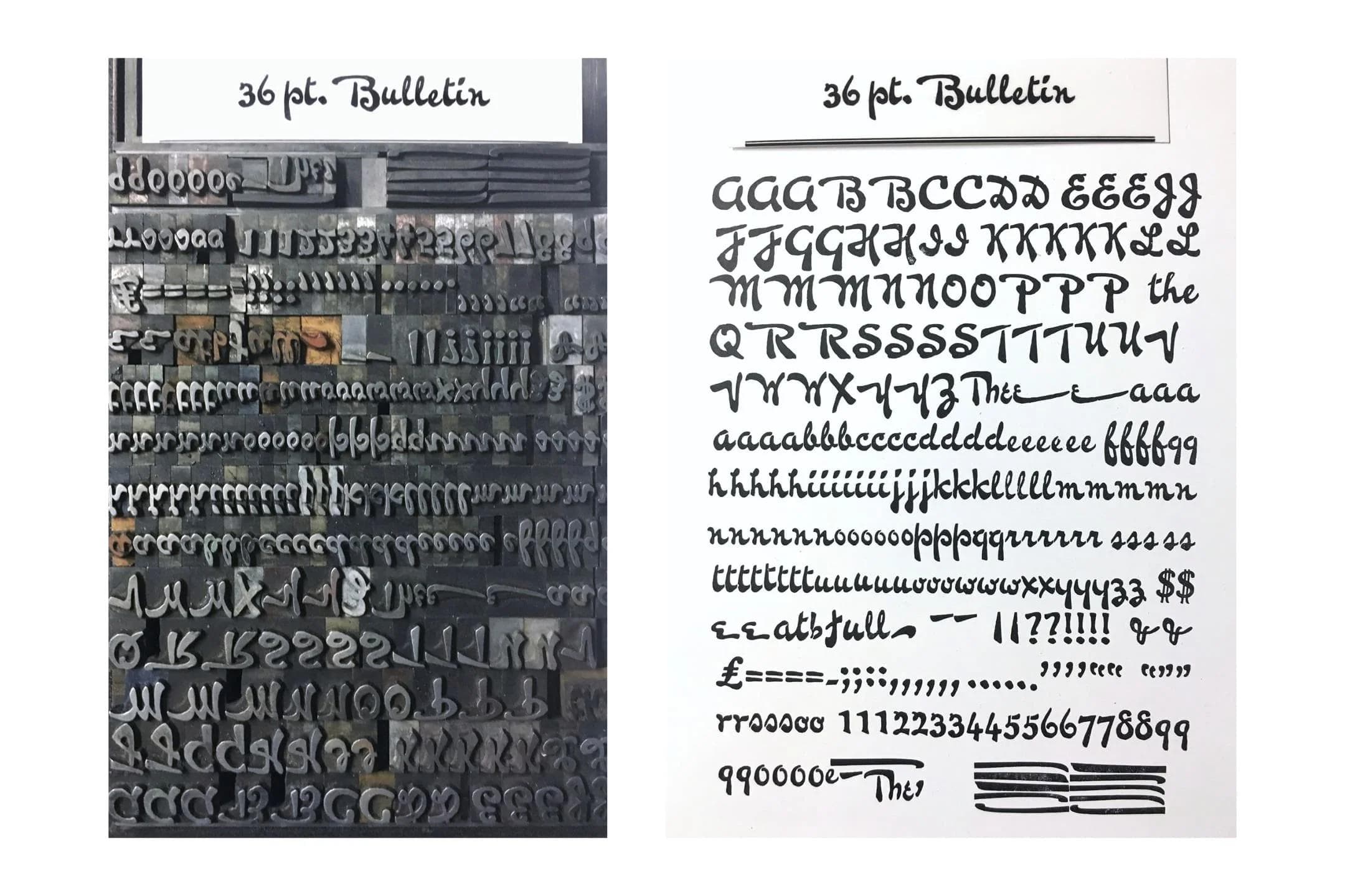Bulletin Script typeface by Keystone Type Foundry of Philadelphia. 36-point Bulletin metal type held at the Nickle Plate Press.