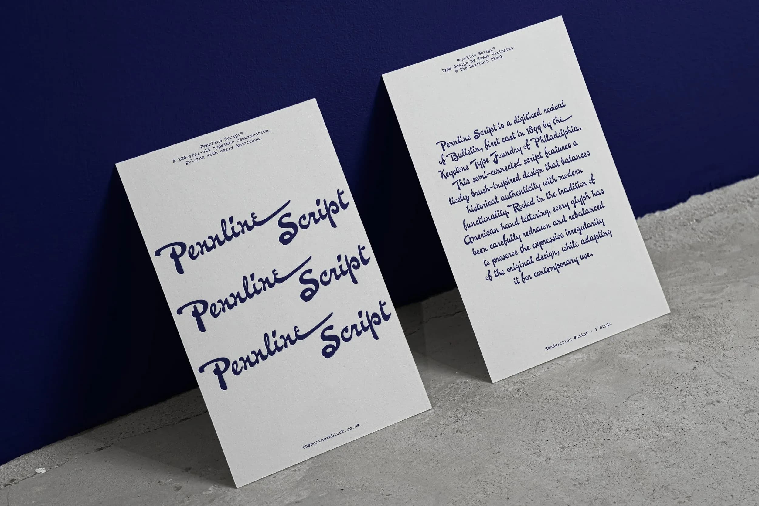 Pennline Script postcard, mailer design with embossing.