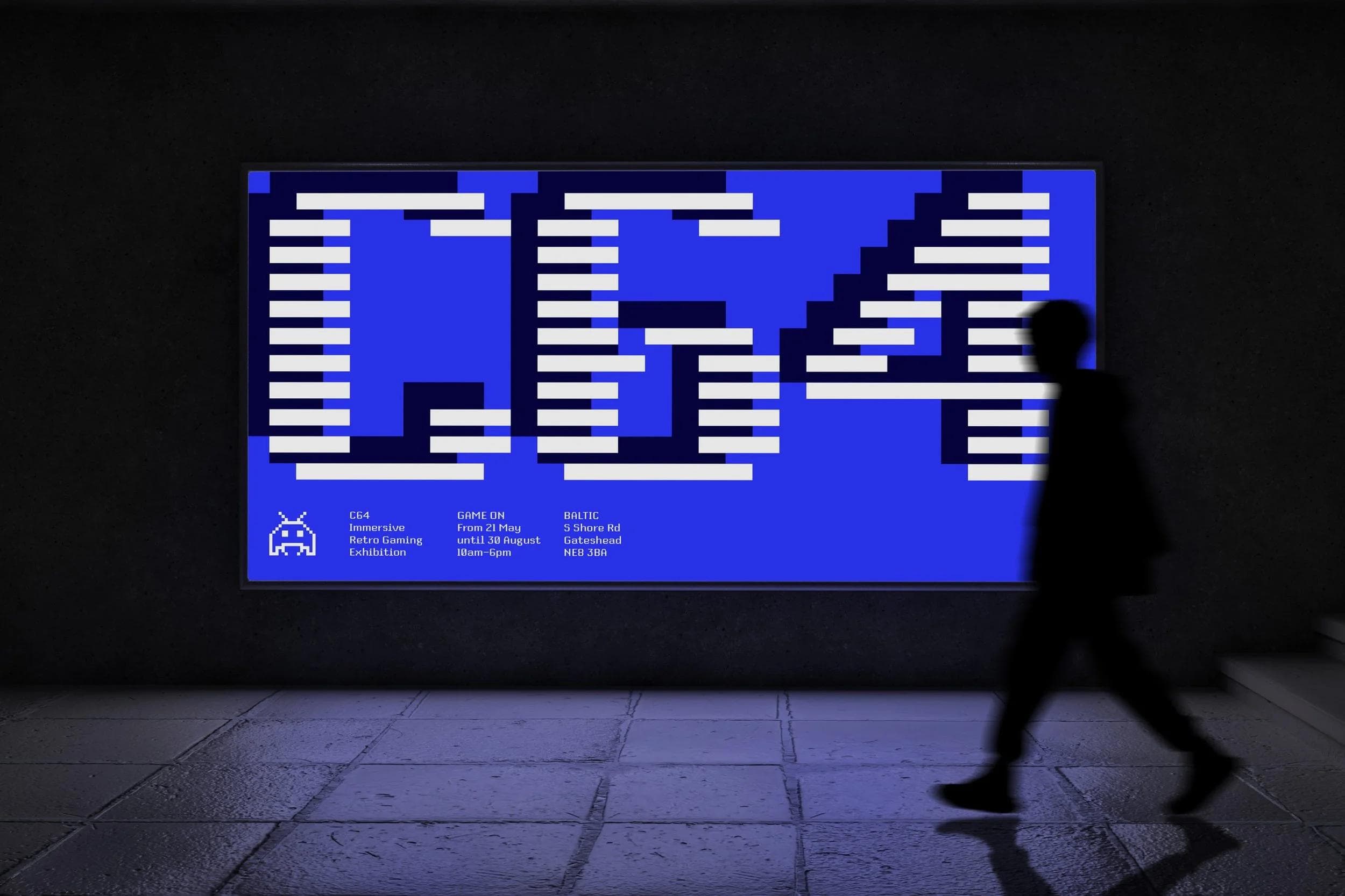 A fictional billboard design using the Boxal font, promoting an immersive retro gaming exhibition.