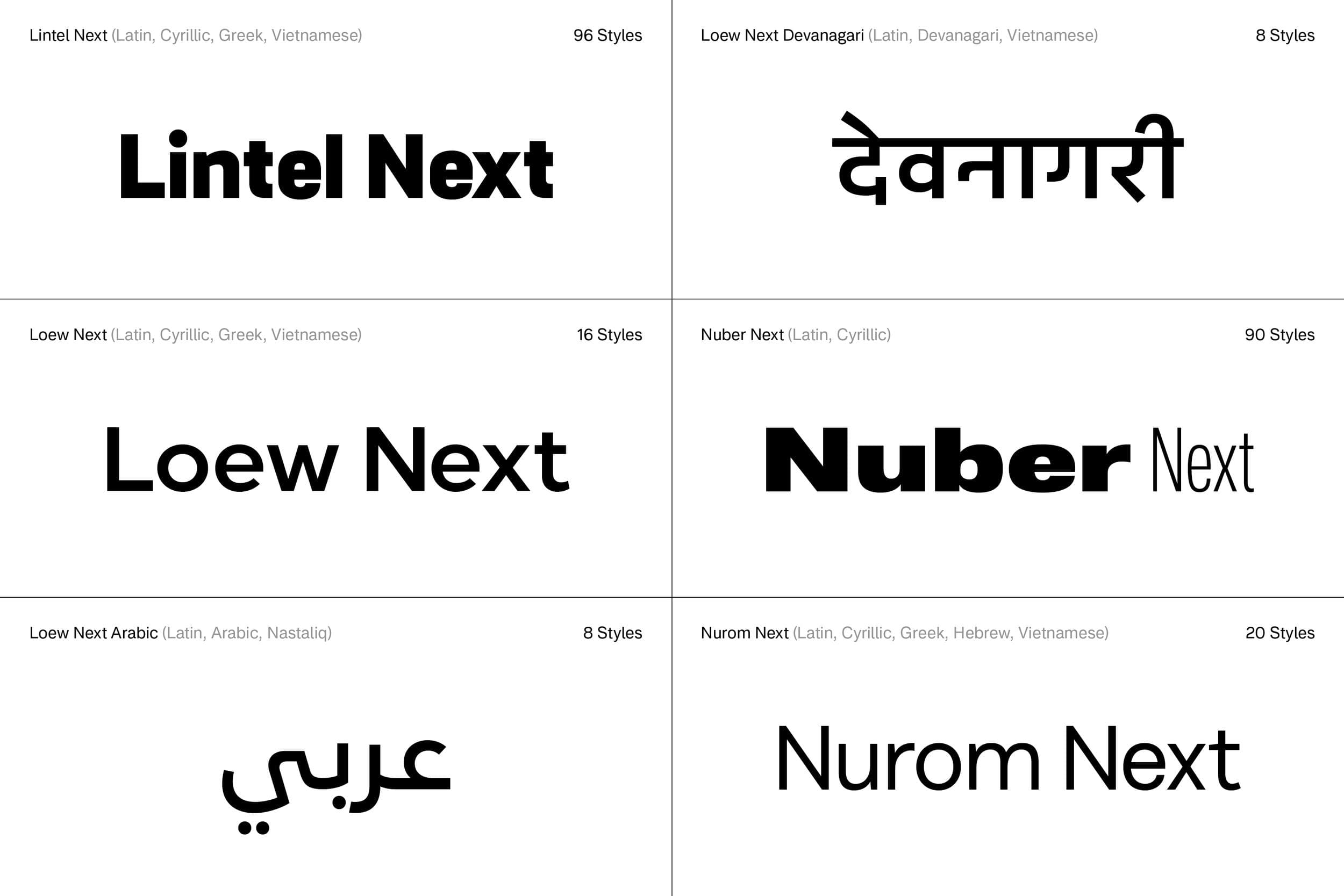 The Next Series by The Northern Block, includes Lintel Next, Loew Next, Loew Next Arabic, Loew Next Devanagari, Nuber Next, and Nurom Next.